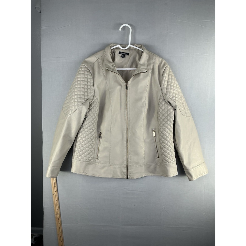 Roz & Ali Women's Faux Leather Moto Jacket Quilted Panels Beige Size 1X